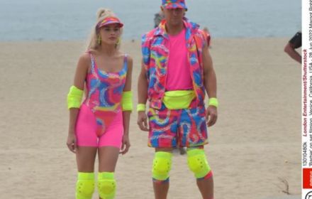 Margot Robbie and Ryan Gosling on the set of Barbie